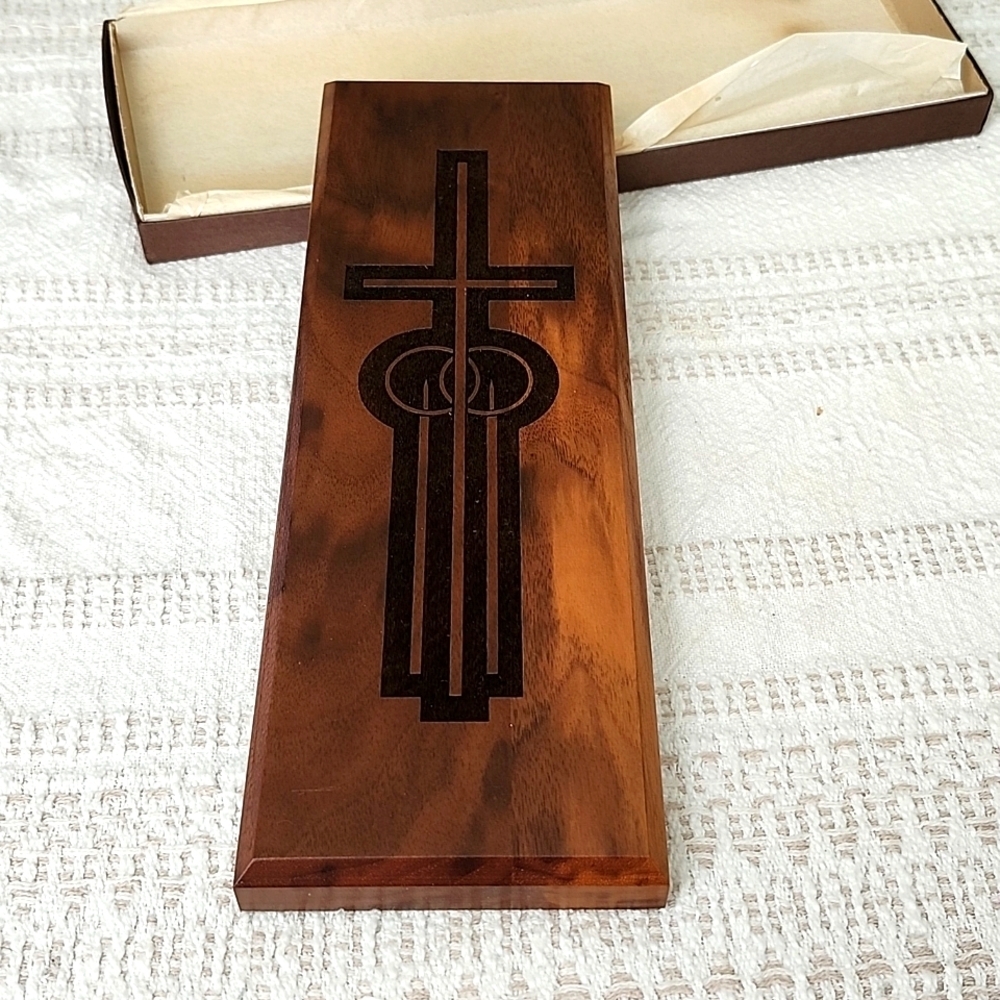 Vintage Christian Carved Wood Plaque Marriage Cross Unity Wedding 12 x 4